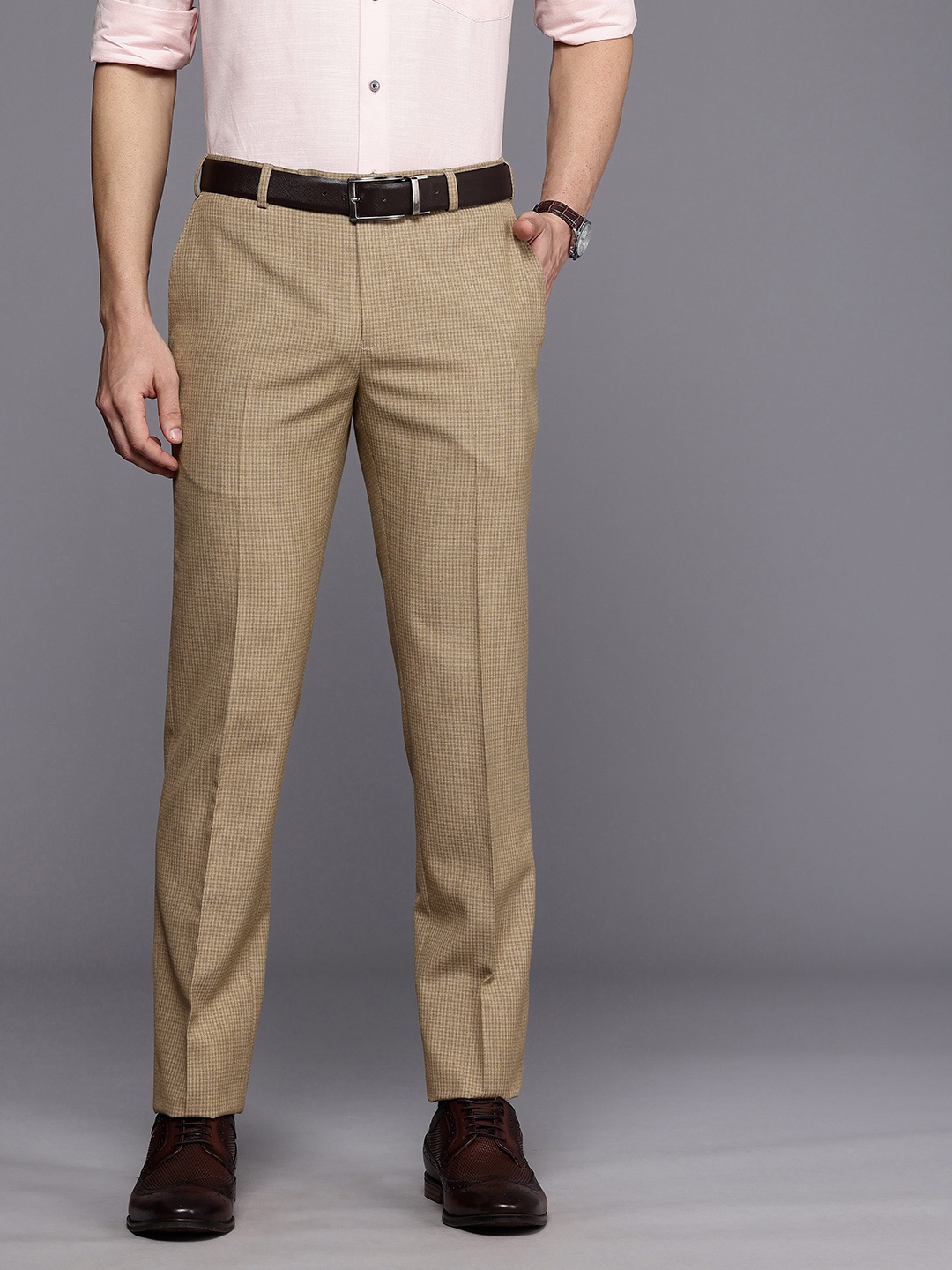 

Raymond Men Checked Slim Fit Formal Trousers, Beige