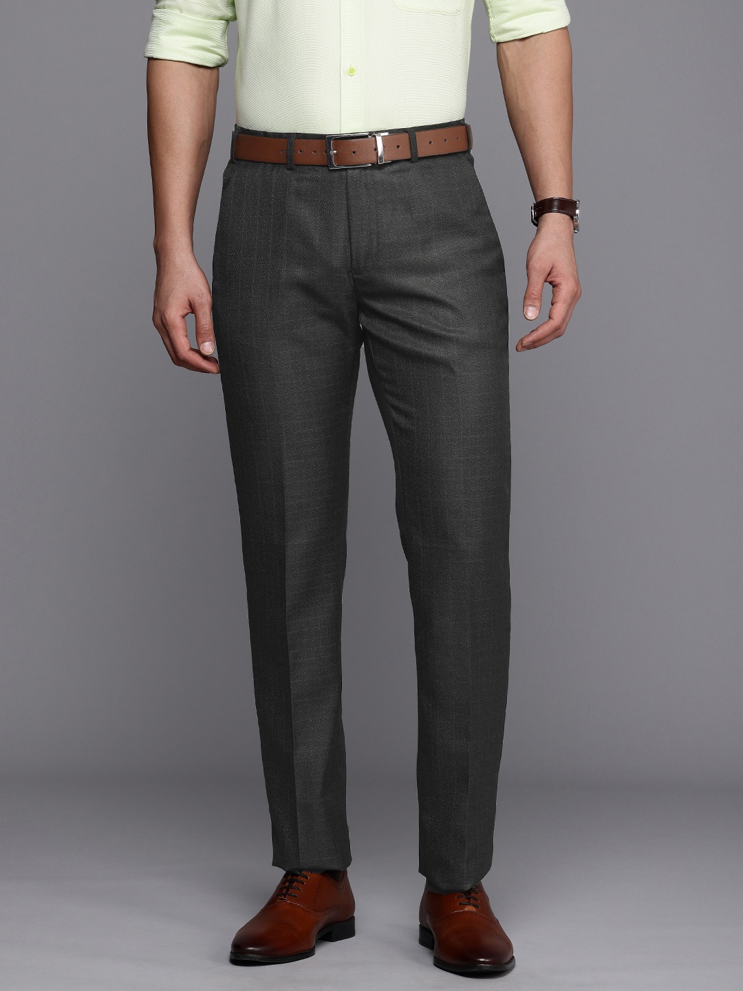 

Raymond Men Checked Slim Fit Formal Trousers, Charcoal