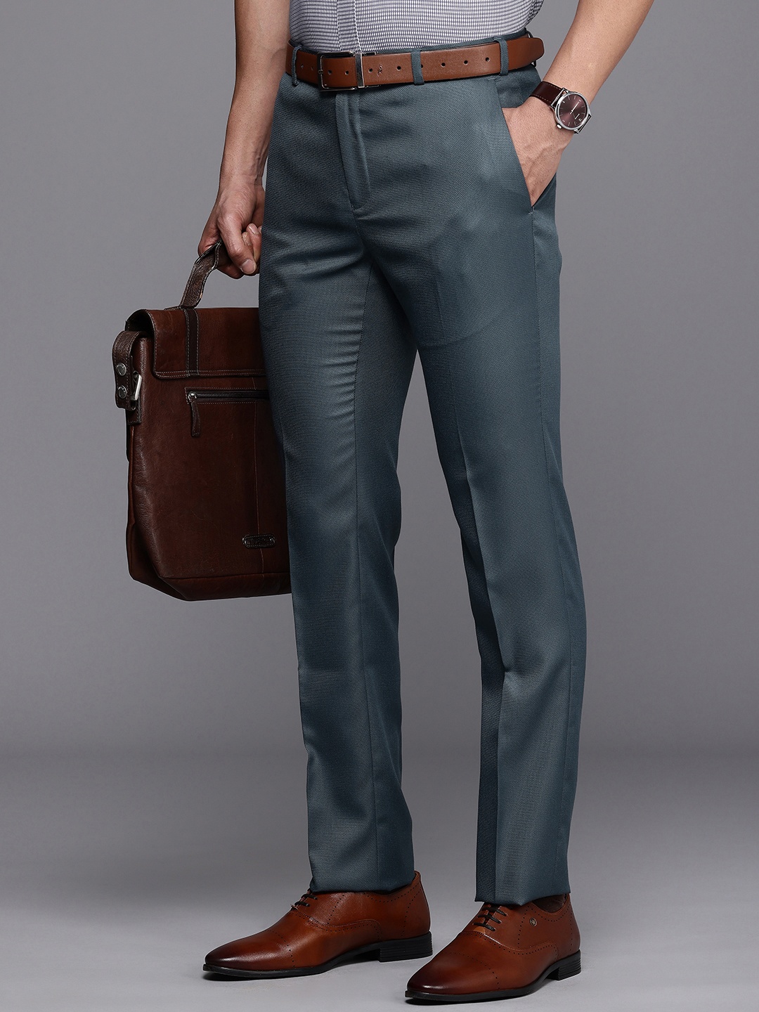 

Raymond Men Textured Slim Fit Formal Trousers, Grey