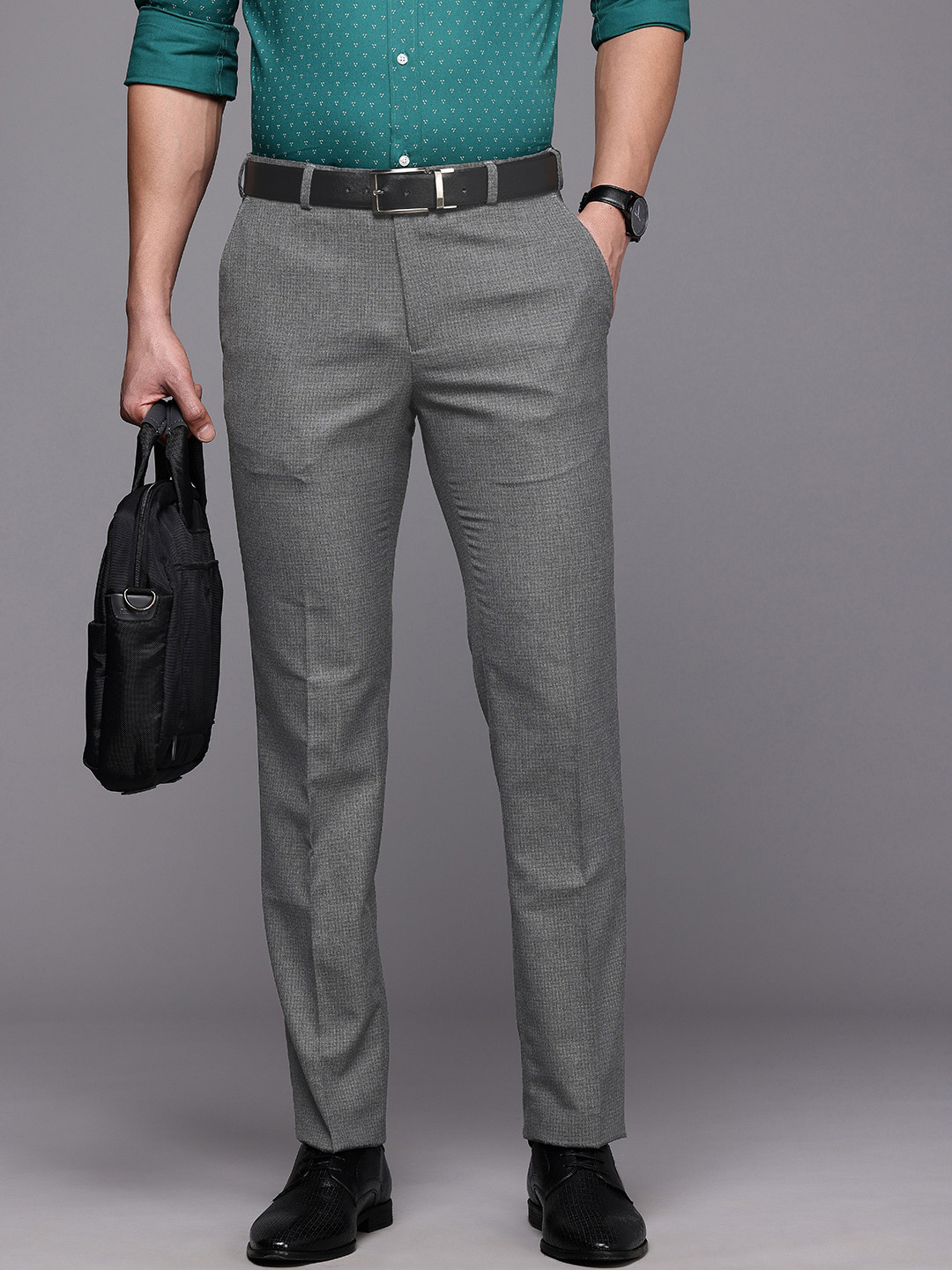 

Raymond Men Checked Slim Fit Formal Trousers, Grey