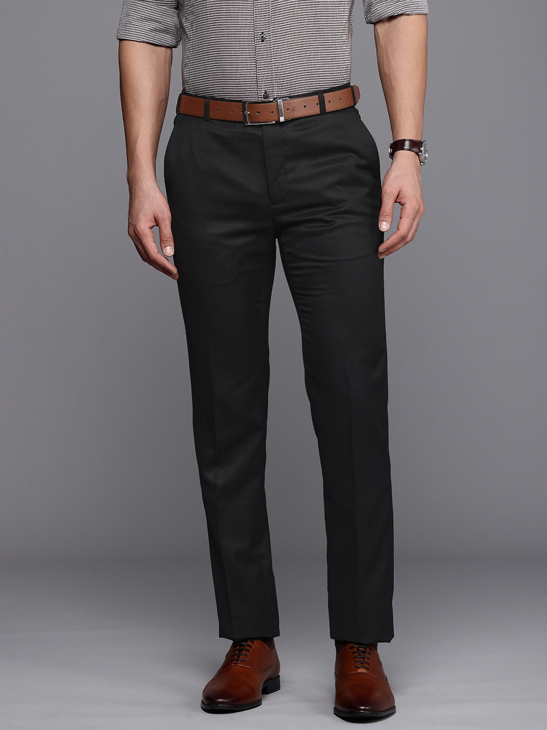 

Raymond Men Textured Slim Fit Formal Trousers, Black