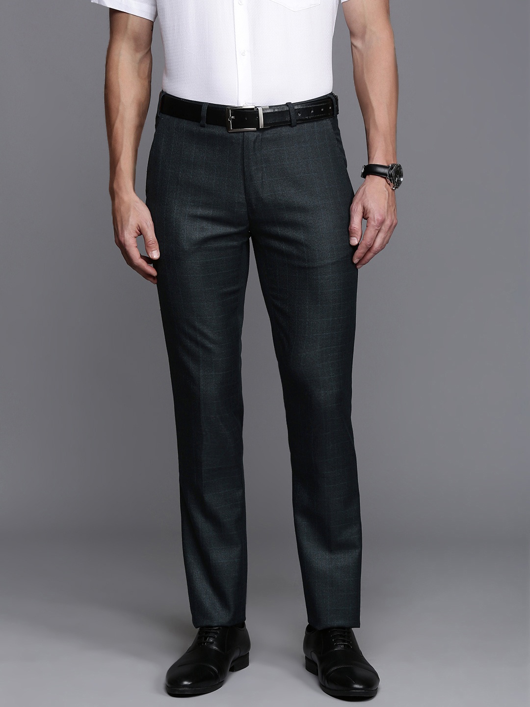 

Raymond Men Checked Slim Fit Formal Trousers, Charcoal