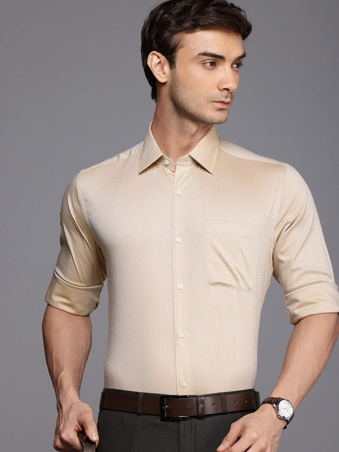 

Raymond Slim Fit Textured Self Design Pure Cotton Formal Shirt, Beige