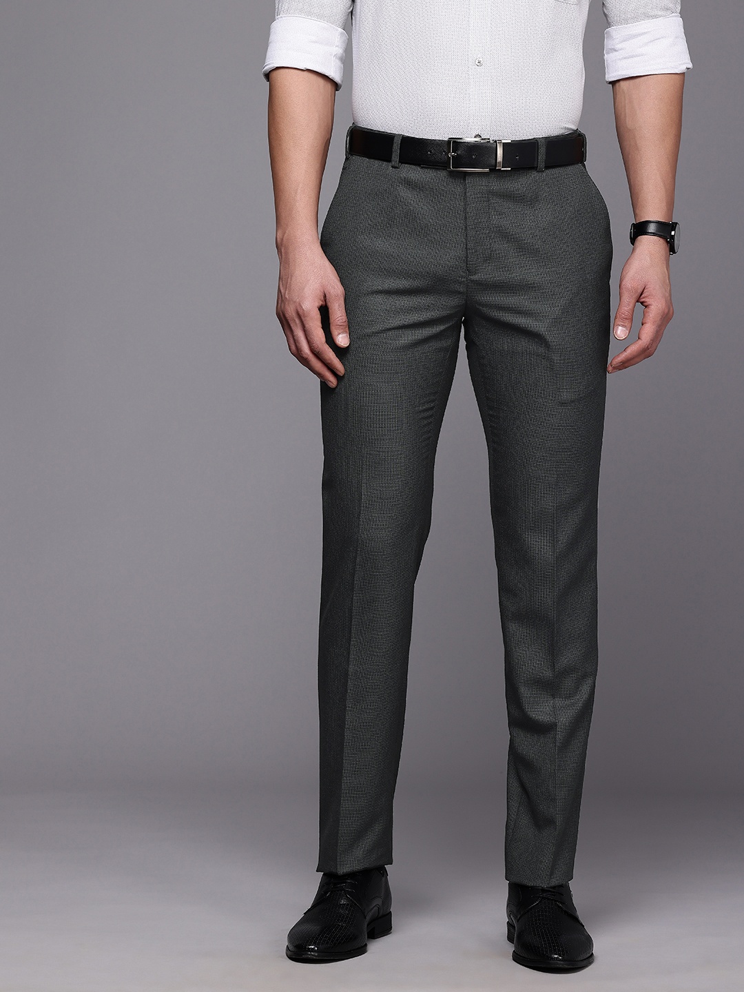 

Raymond Men Self Design Geometric Slim Fit Formal Trousers, Black