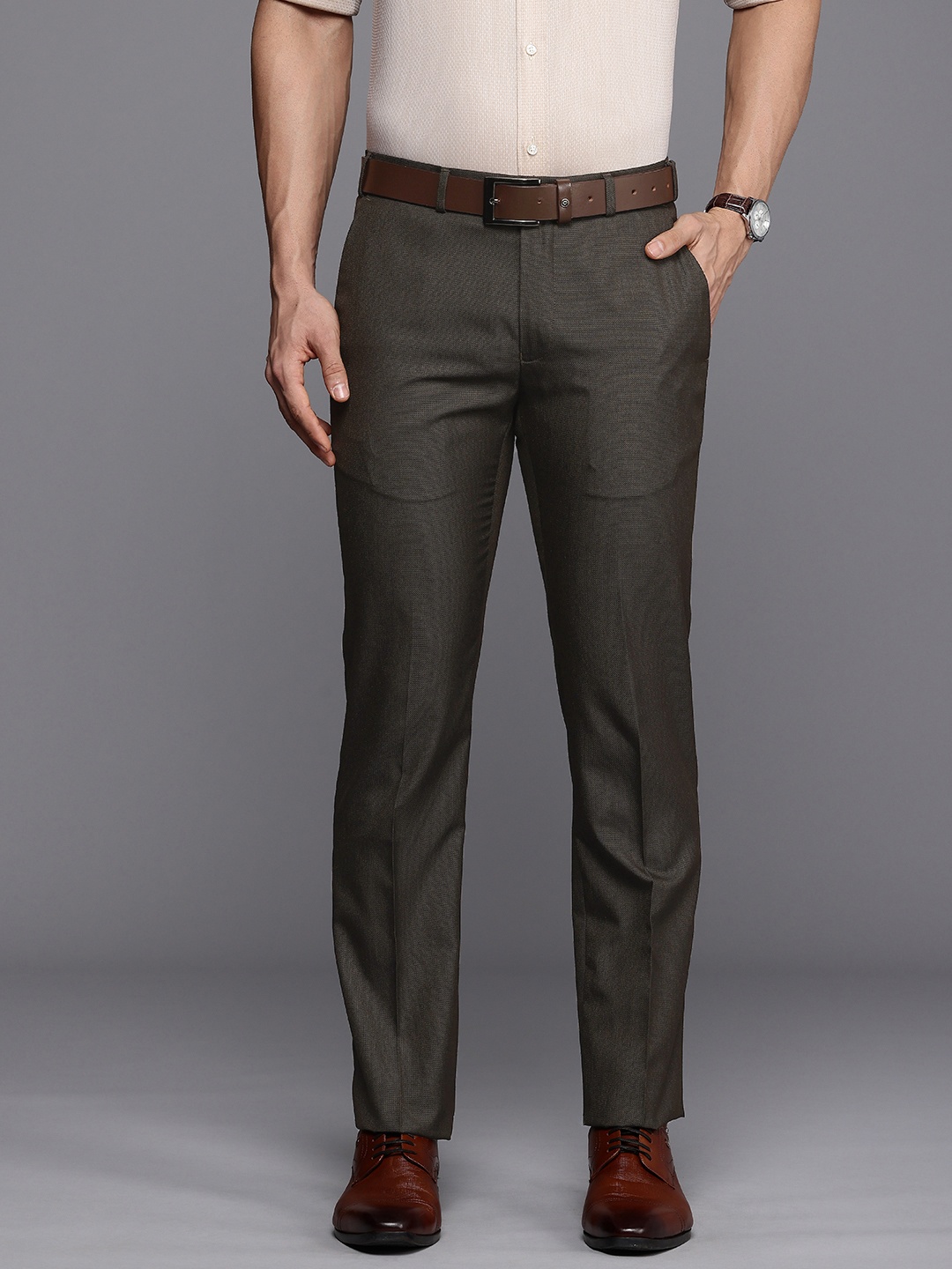 

Raymond Men Textured Slim Fit Formal Trousers, Olive