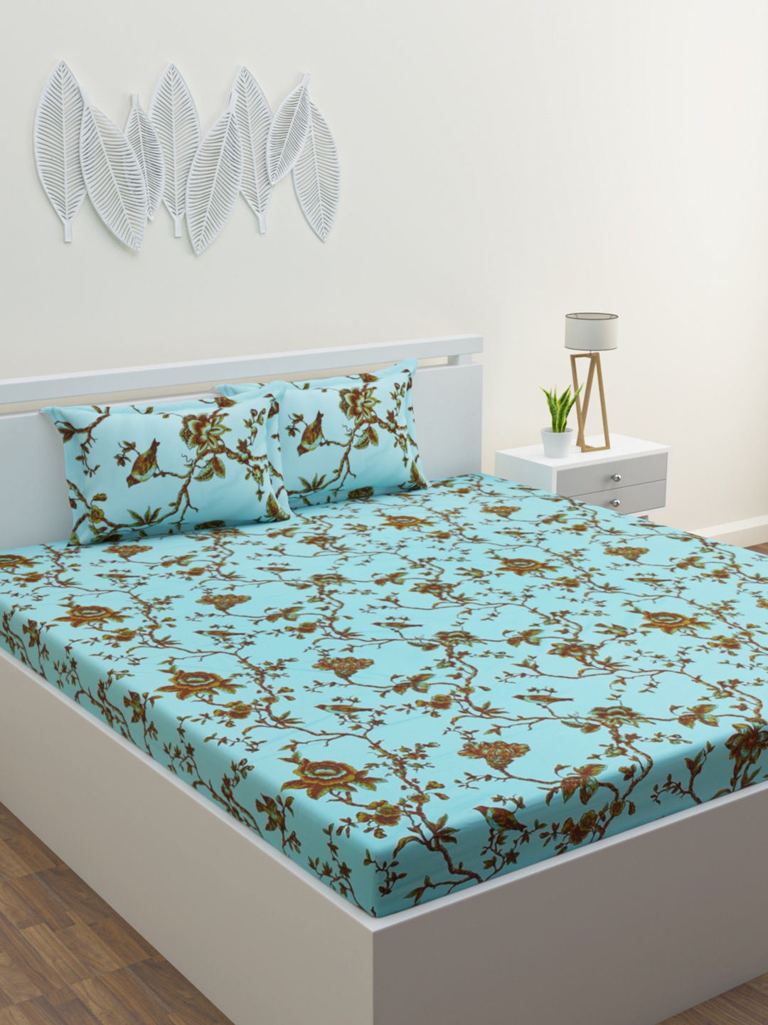 

HOME AFFAIRS Teal Blue & Brown Floral 300 TC Cotton Double King Bedsheet & 2 Pillow Covers