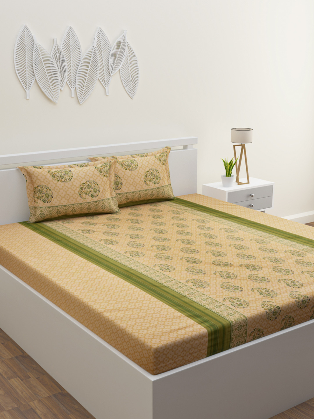 

HOME AFFAIRS Yellow & Green Floral 300 TC Cotton Double King Bedsheet & 2 Pillow Covers