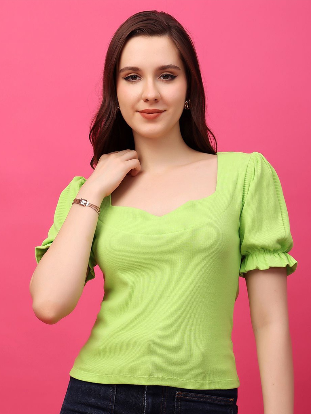 

Cation Women Solid Round Neck Cotton Top, Green