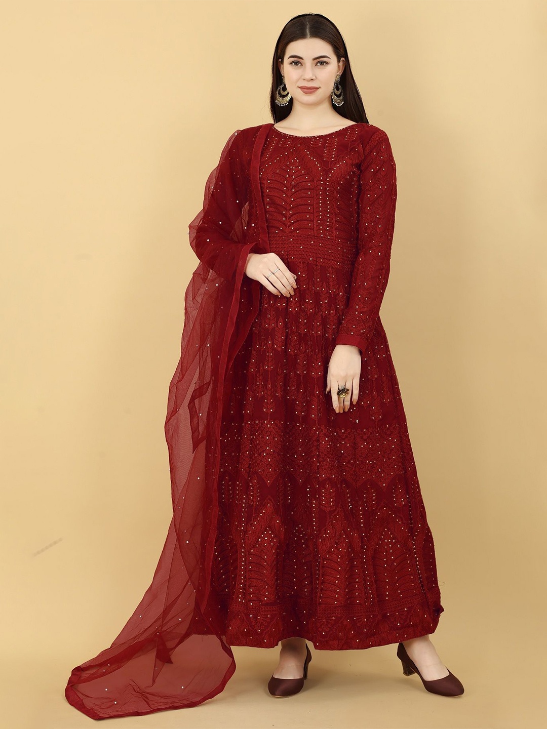 

Fashion Basket Ethnic Motifs Embroidered Sequinned Semi-Stitched Dress Material, Red