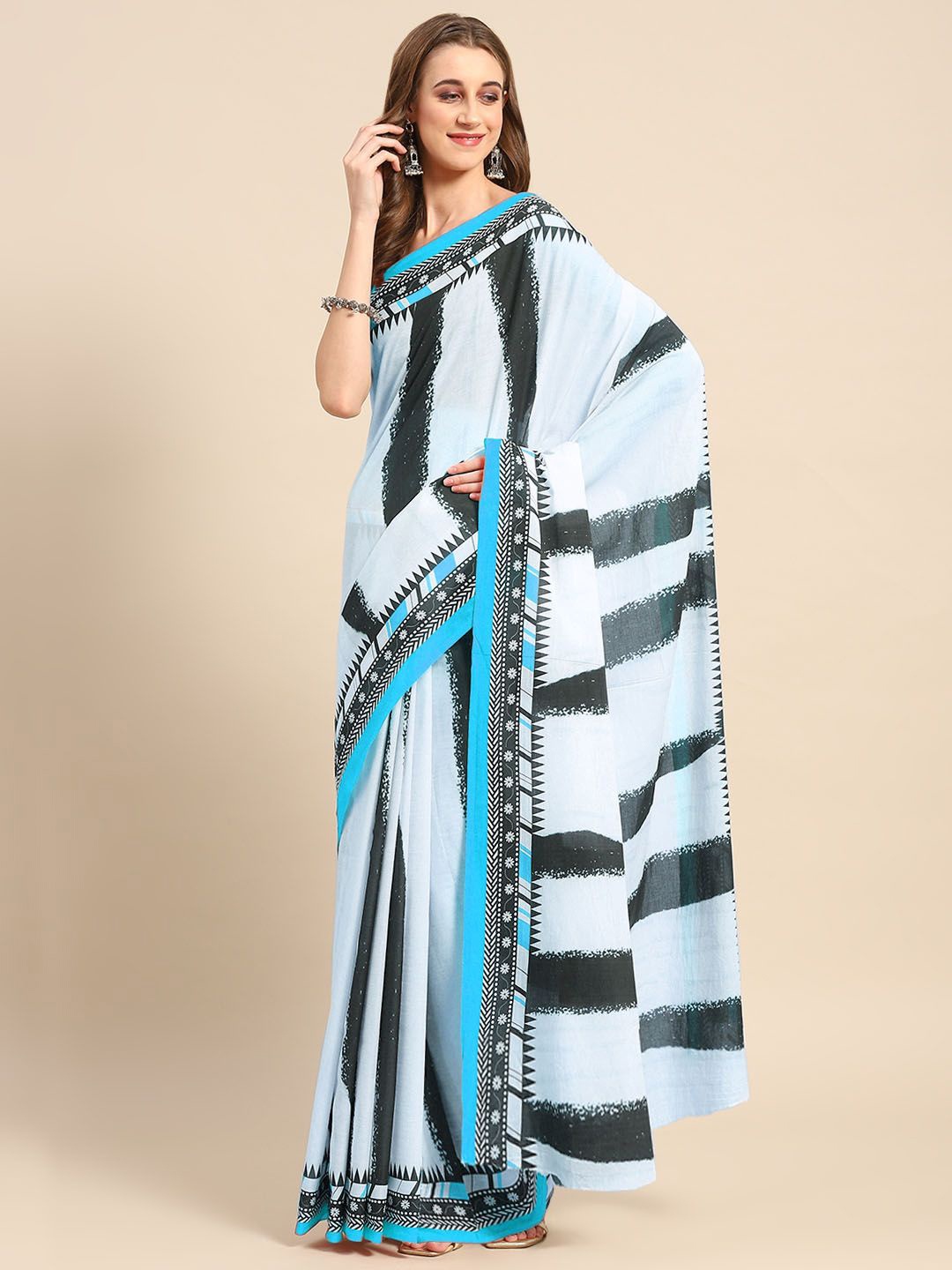 

BUTA BUTI Striped Printed Pure Cotton Saree, Blue