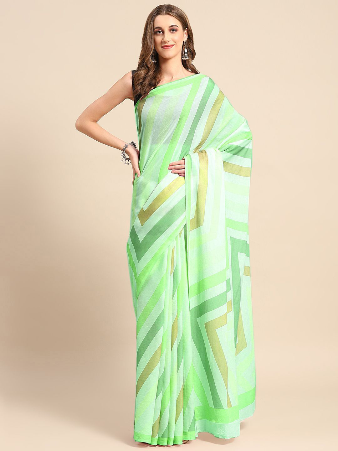

BUTA BUTI Geometric Printed Pure Cotton Saree, Green