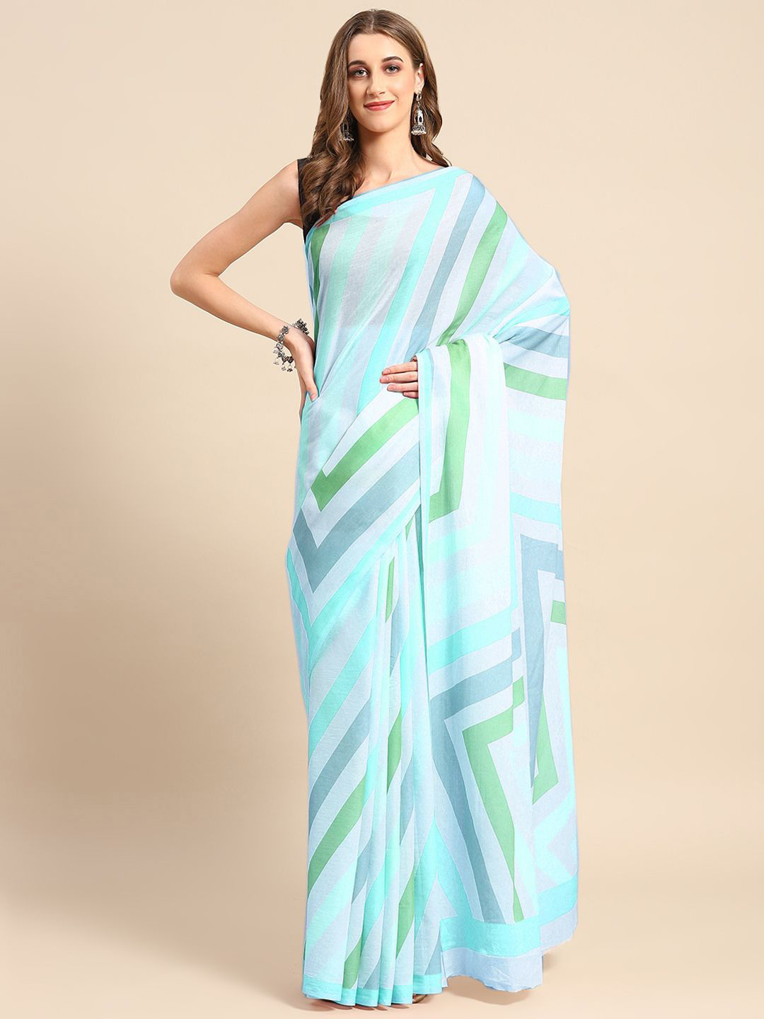 

BUTA BUTI Geometric Printed Pure Cotton Saree, Blue