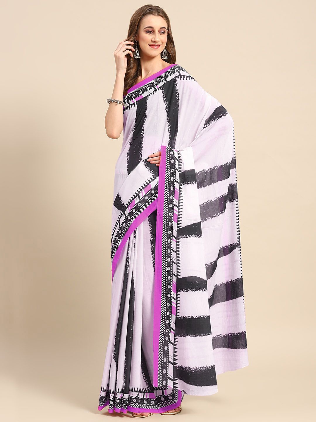 

BUTA BUTI Striped Printed Pure Cotton Saree, Pink