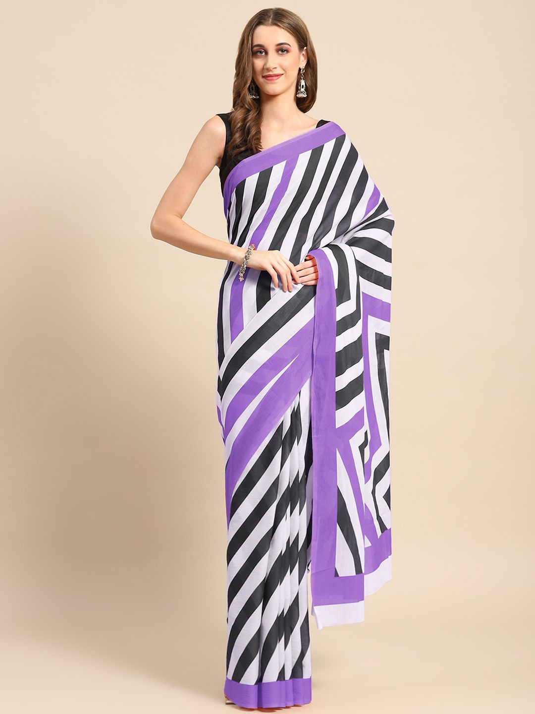 

BUTA BUTI Striped Printed Pure Cotton Saree, Purple