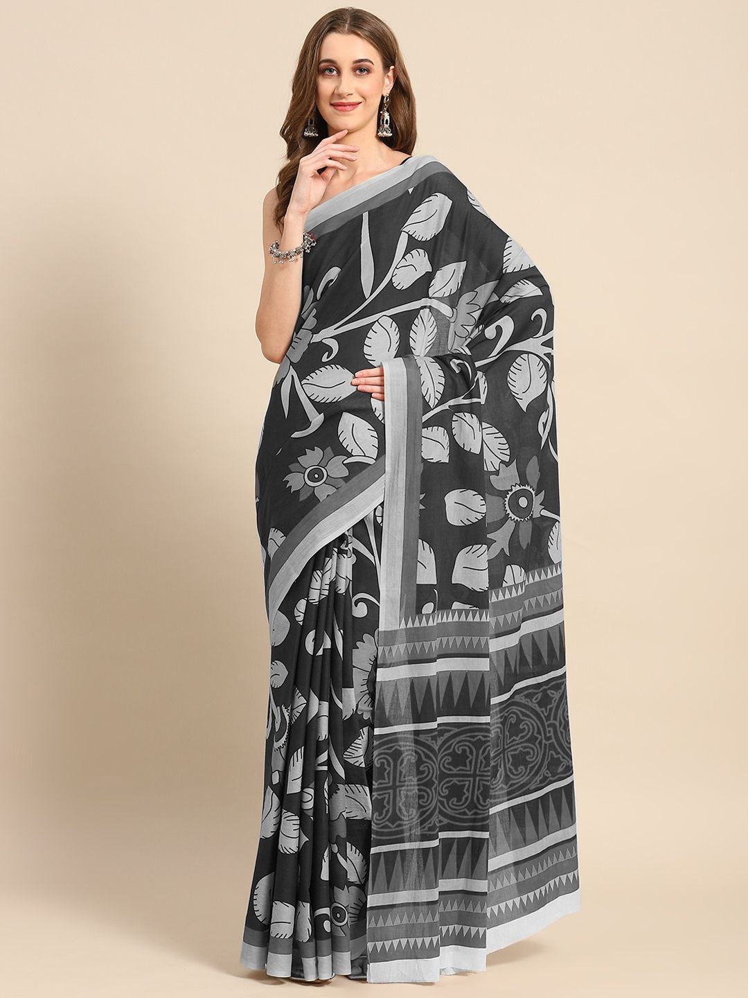 

BUTA BUTI Ethnic Motifs Printed Pure Cotton Saree, Black