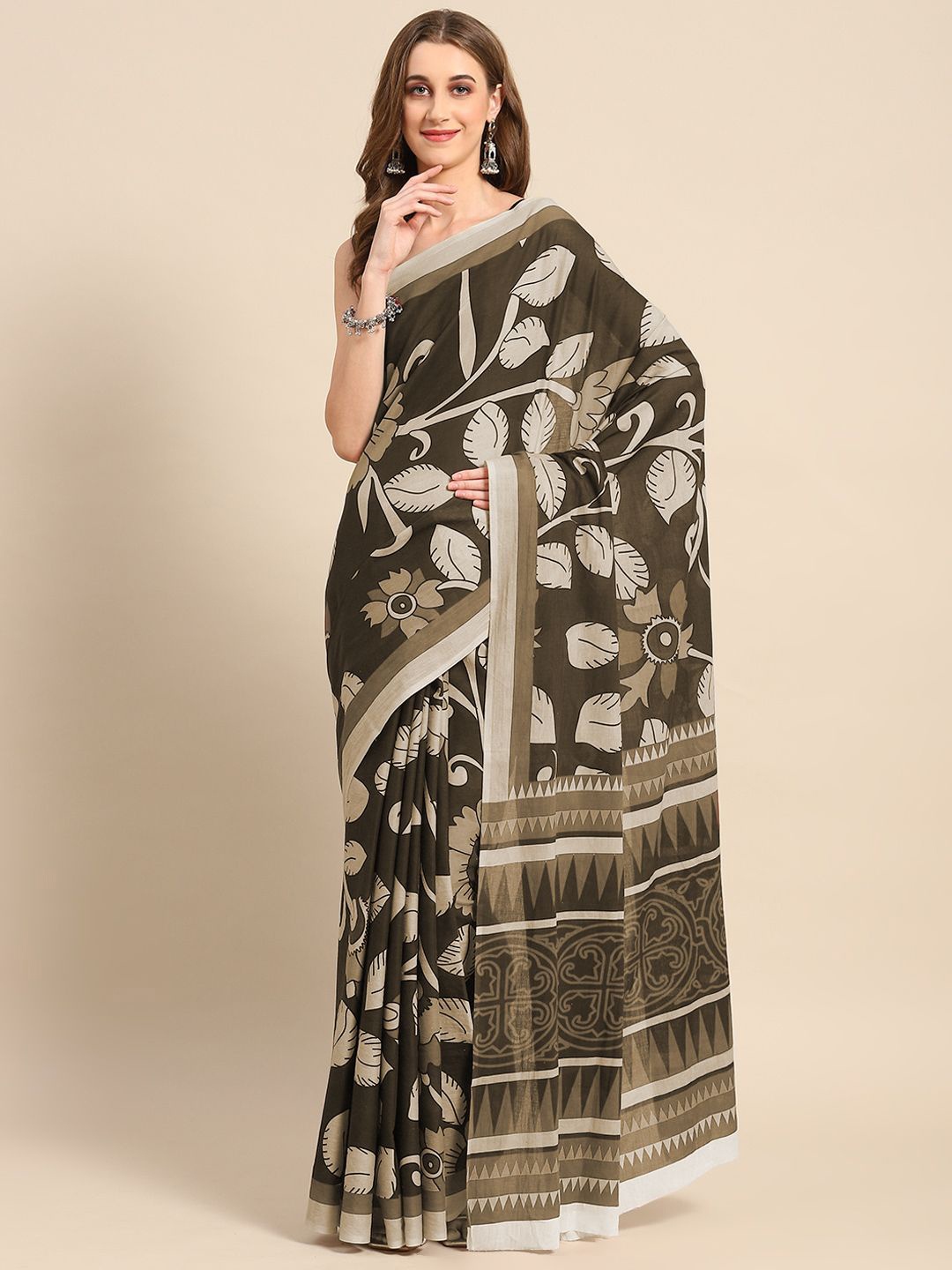 

BUTA BUTI Ethnic Motifs Printed Pure Cotton Saree, Brown
