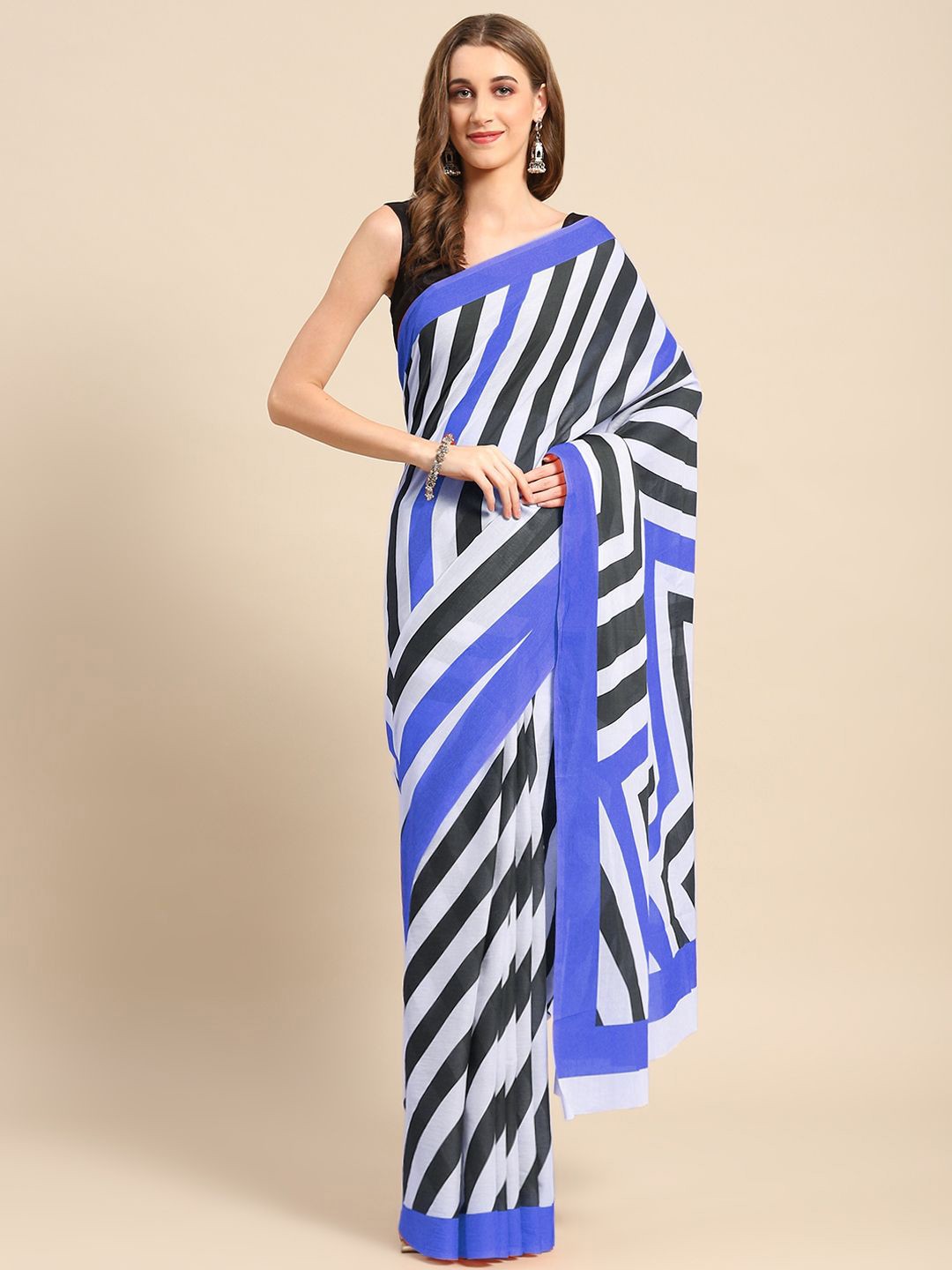 

BUTA BUTI Geometric Printed Pure Cotton Saree, Navy blue