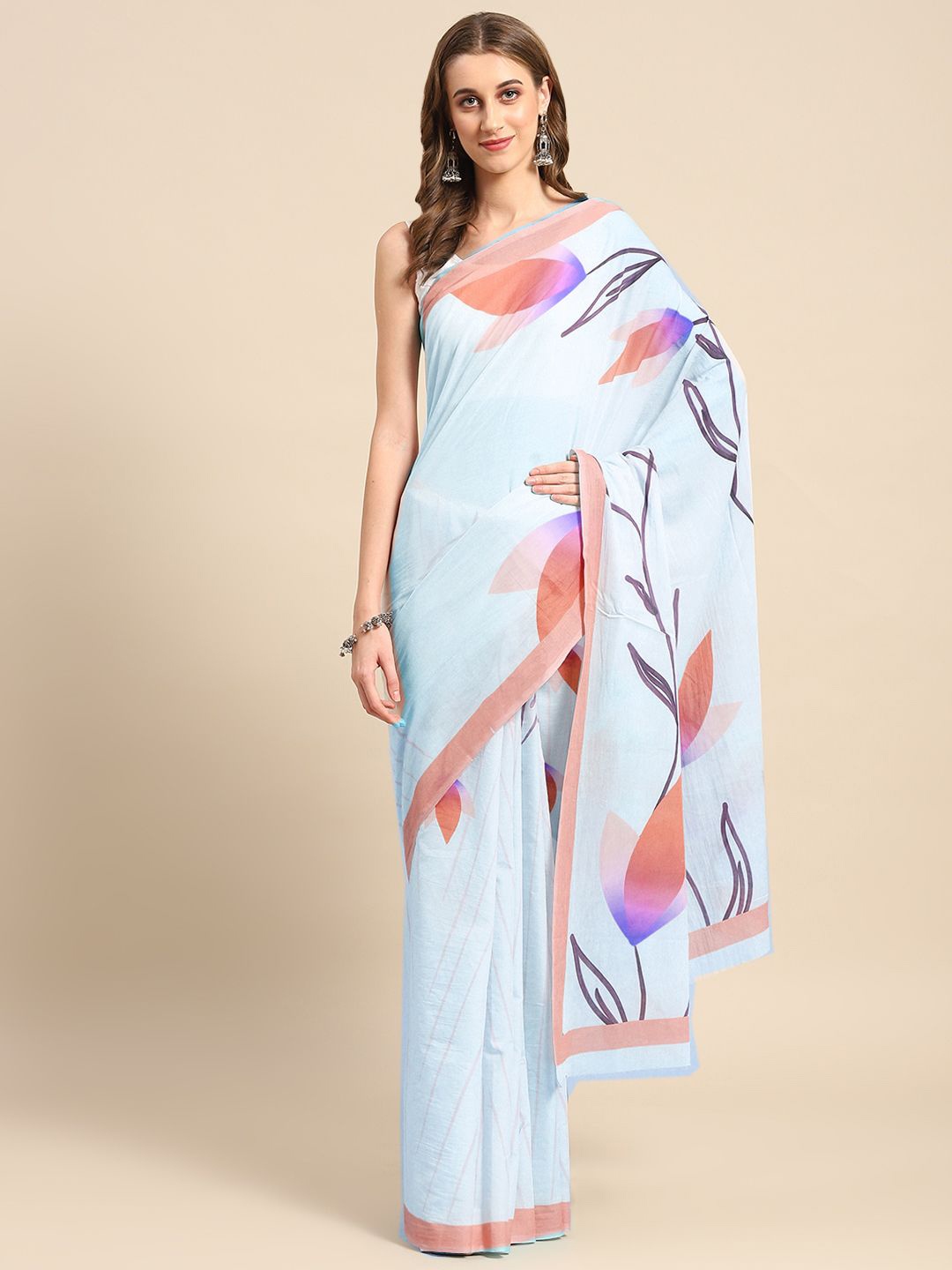 

BUTA BUTI Floral Printed Pure Cotton Saree, Rust