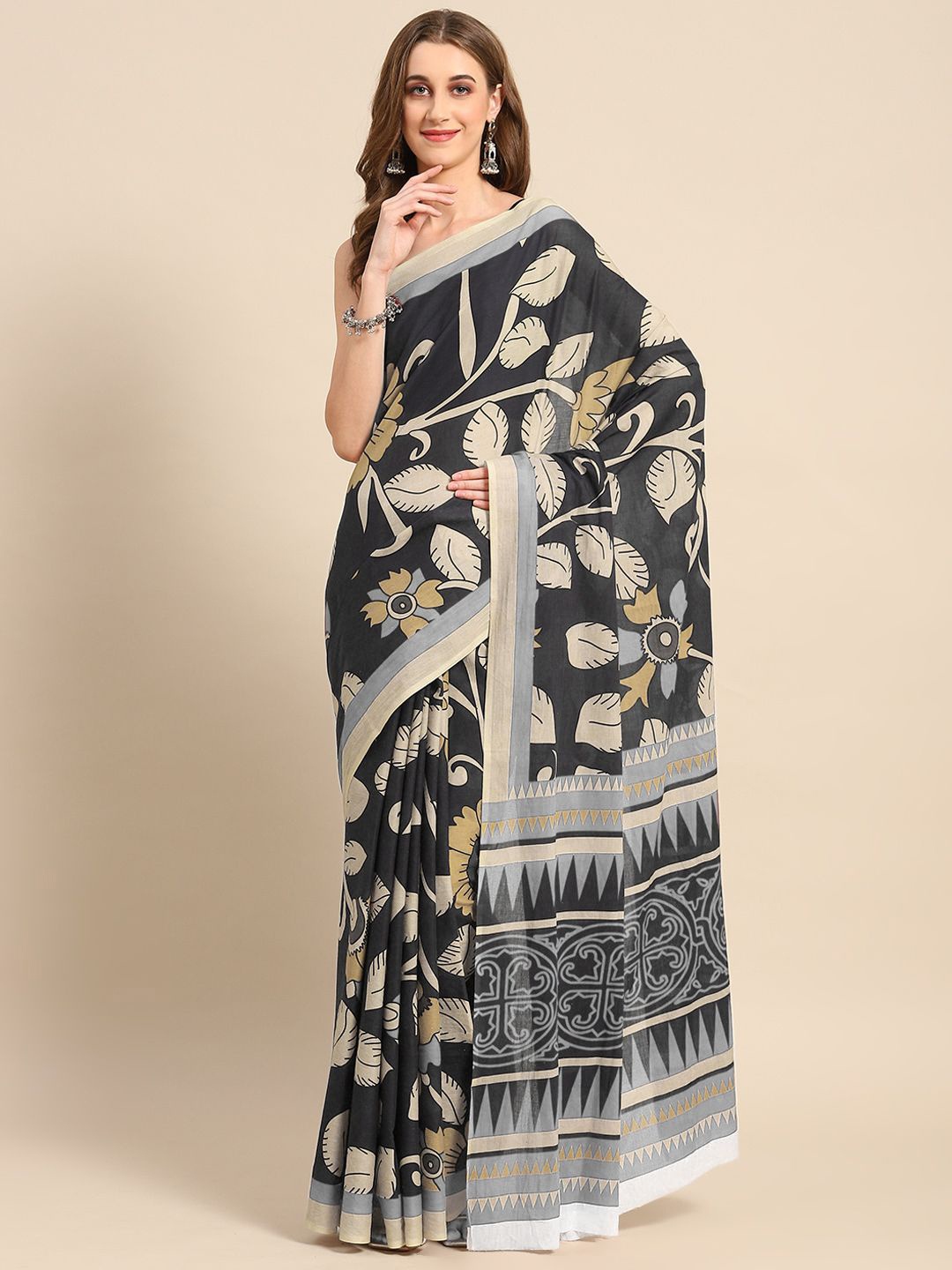 

BUTA BUTI Floral Pure Cotton Saree, Black