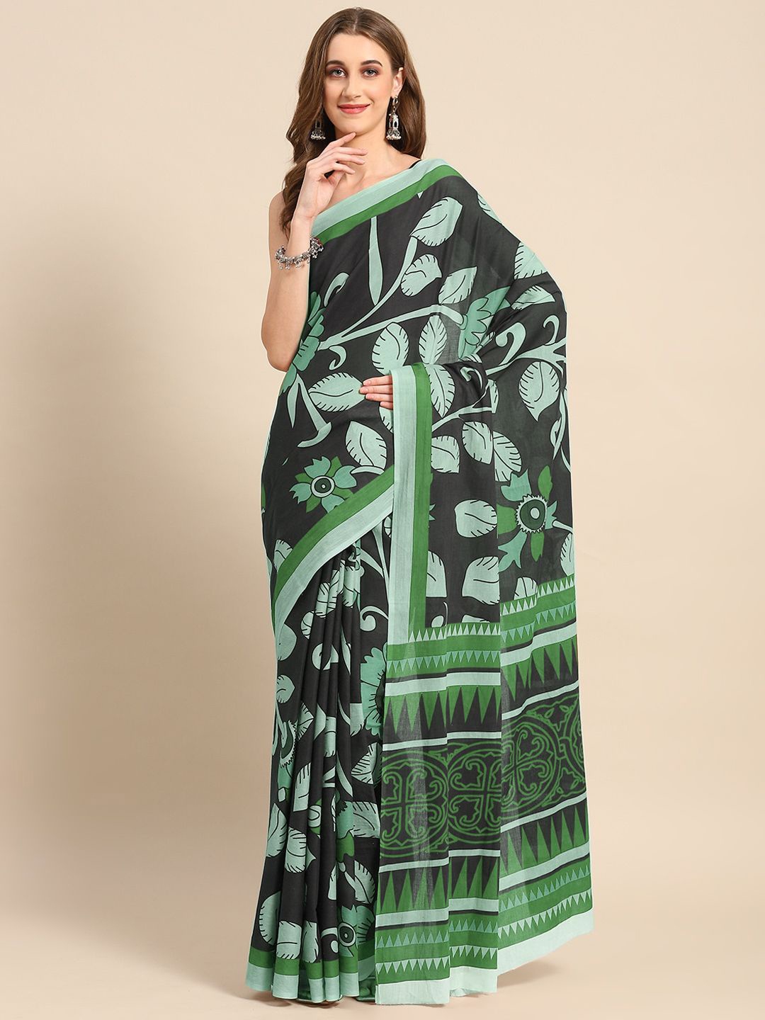 

BUTA BUTI Floral Pure Cotton Saree, Green