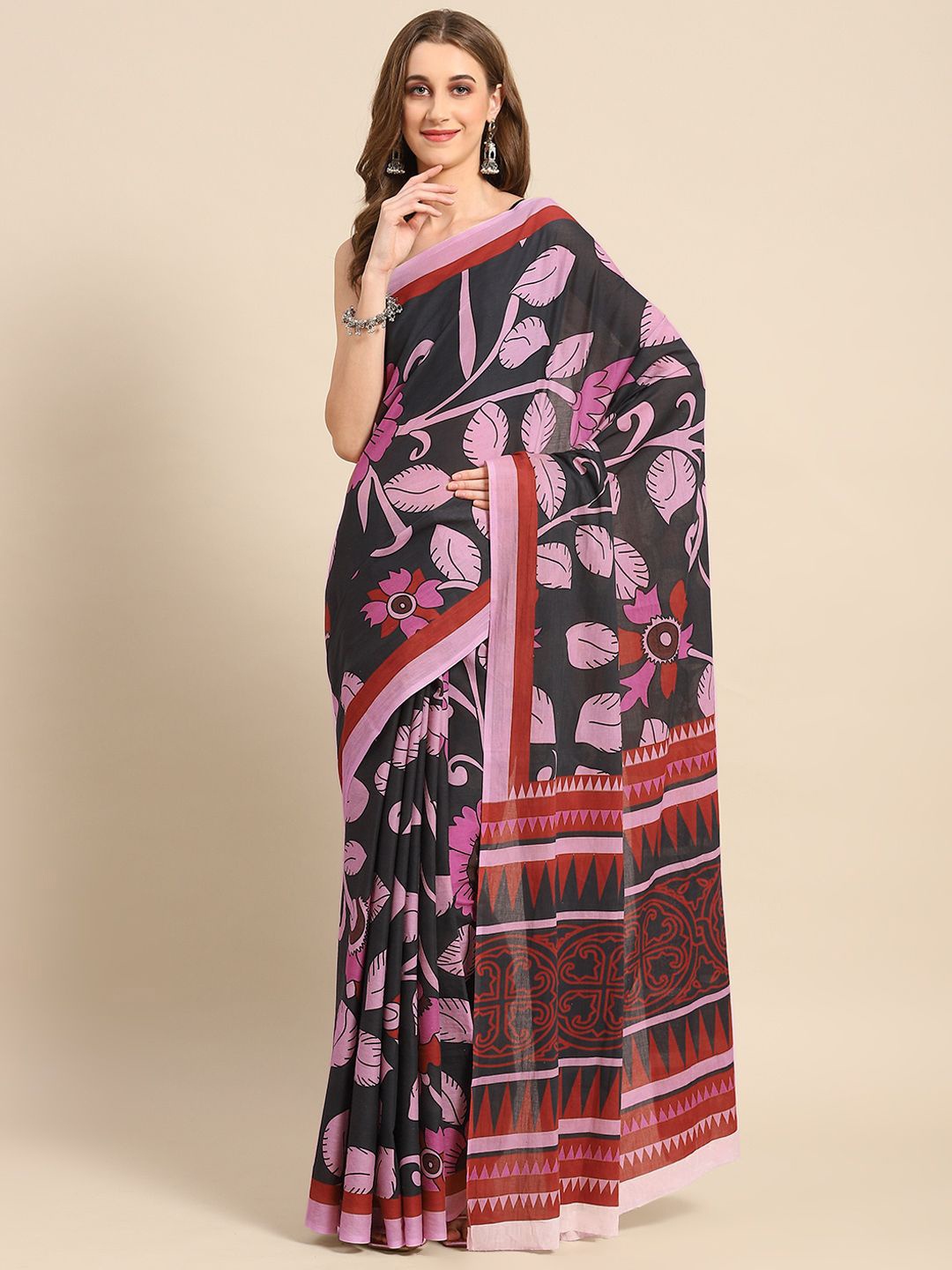 

BUTA BUTI Floral Pure Cotton Saree, Pink