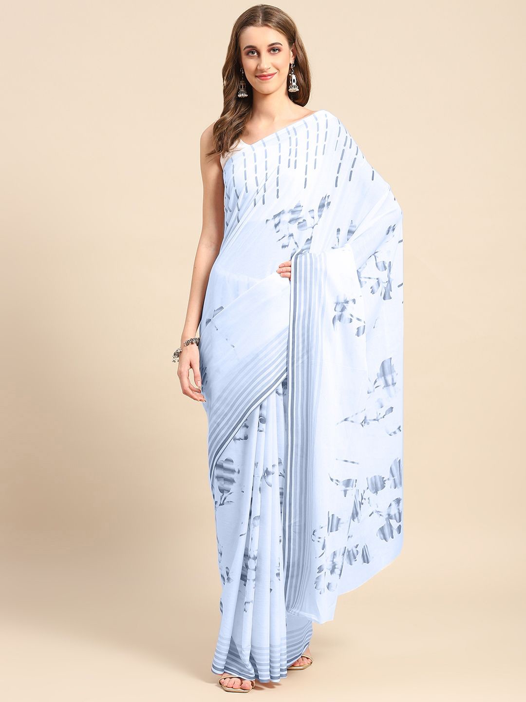 

BUTA BUTI Pure Cotton Striped Saree, Blue