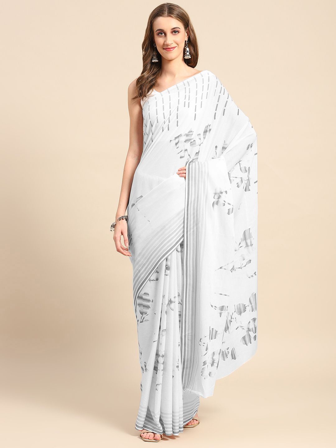 

BUTA BUTI Pure Cotton Striped Saree, Grey