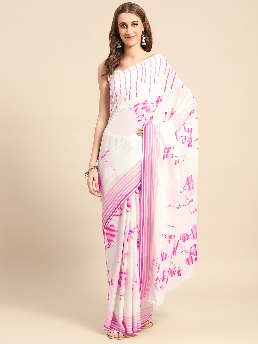 

BUTA BUTI Pure Cotton Striped Saree, Pink