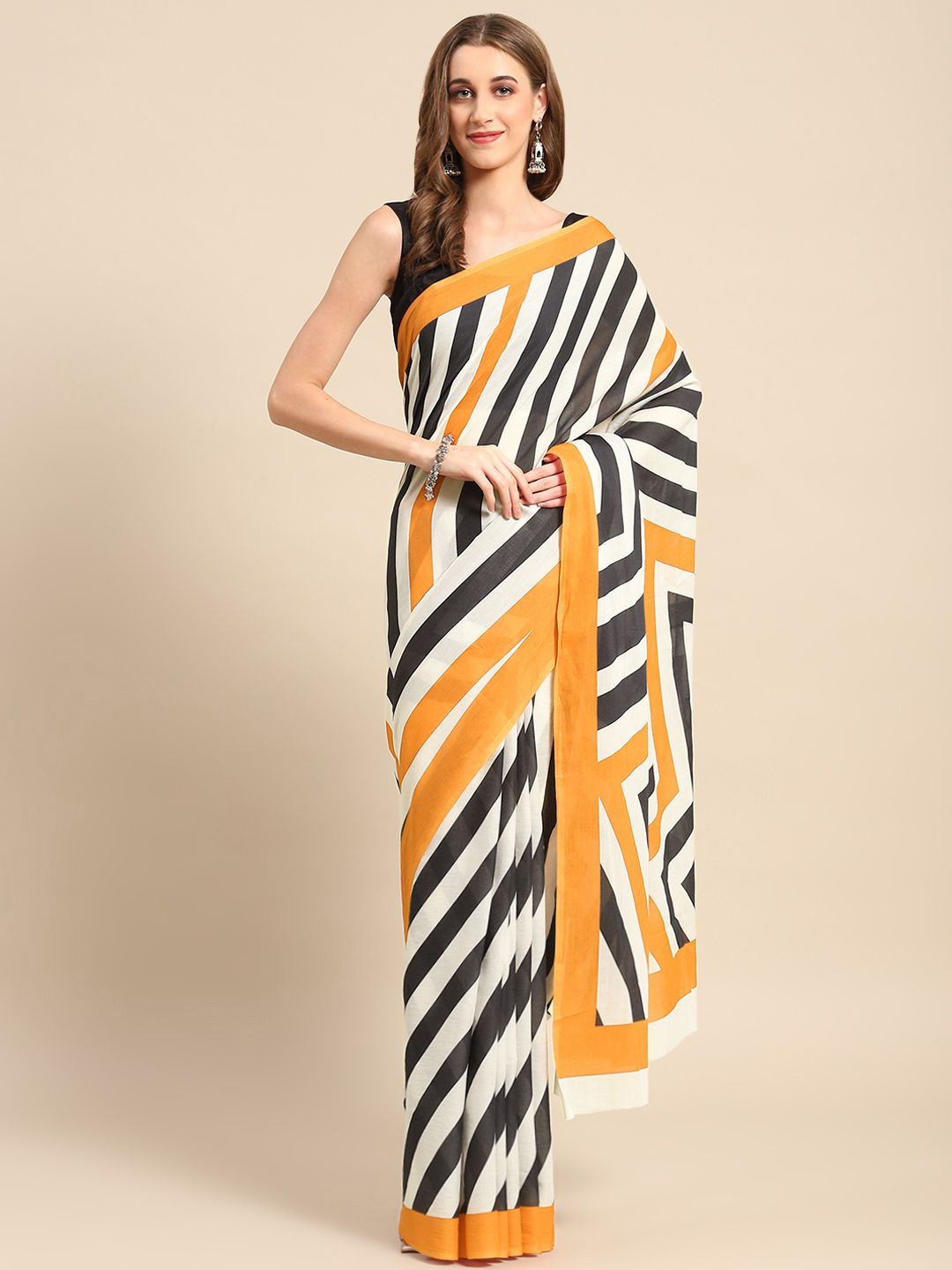 

BUTA BUTI Striped Pure Cotton Saree, Orange