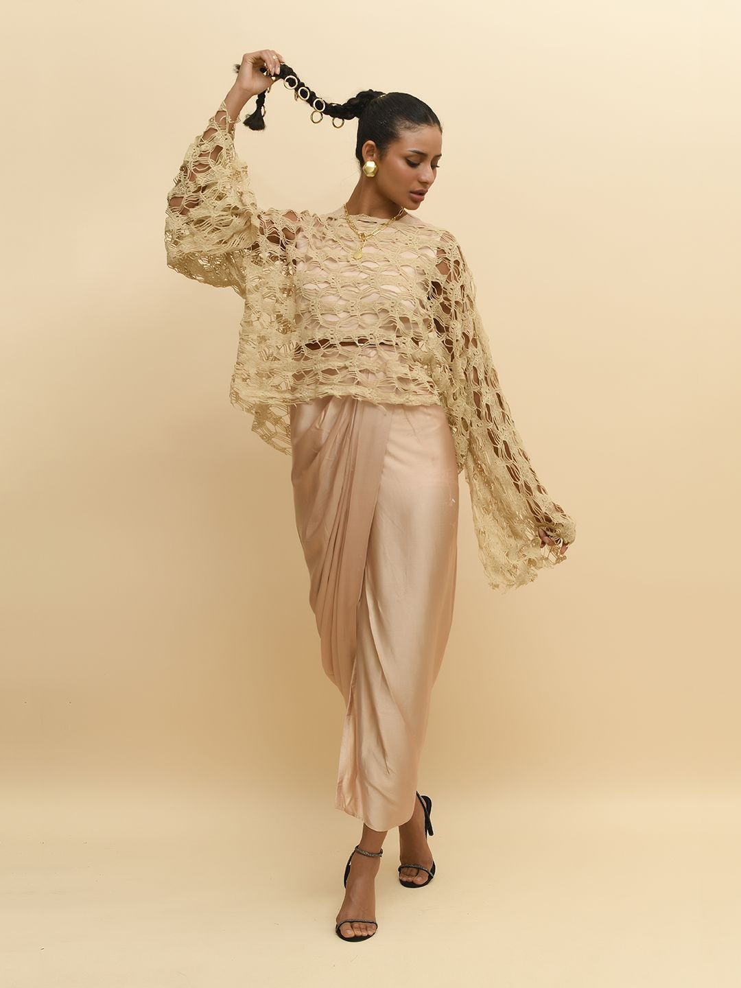 

R.Y by Rishi and Vibhuti indie 2024 Women Round Neck Self Design Long Sleeves Lace Top, Beige