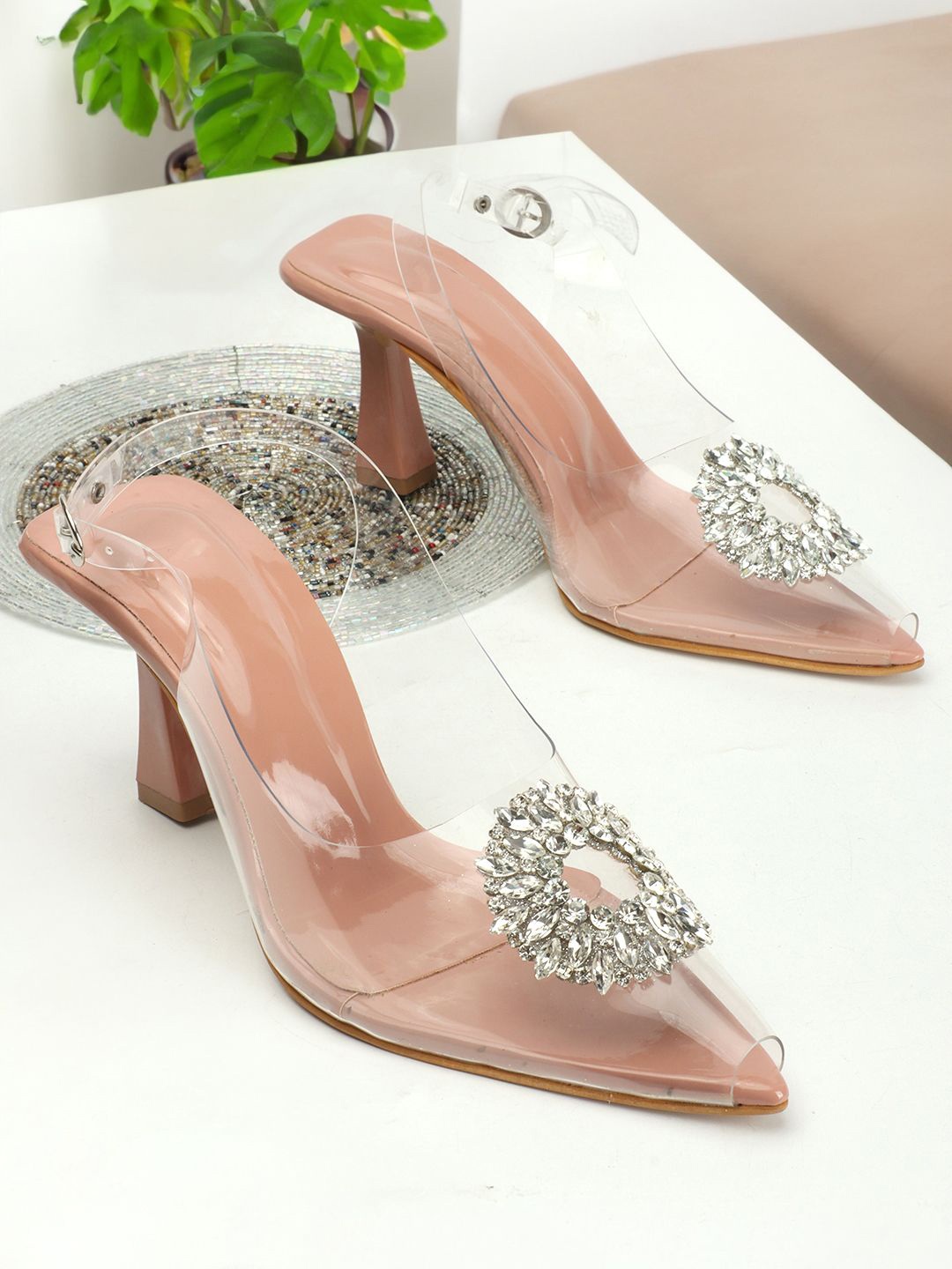 

CHINRAAG Embellished Block Heels Mules, Peach