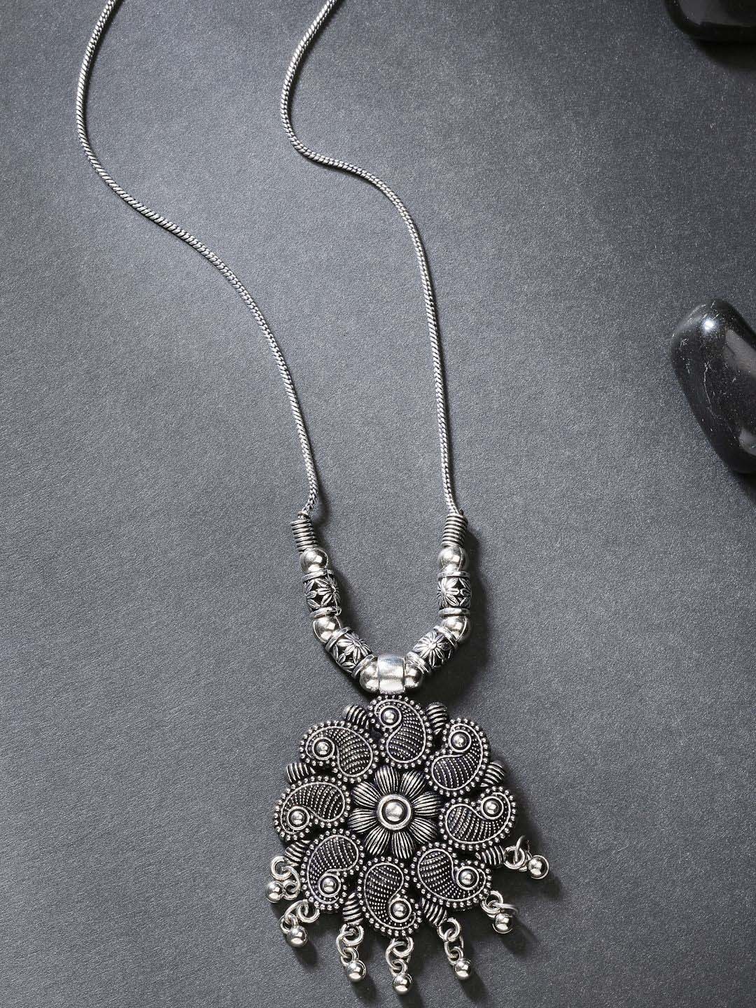 

NVR Silver-Plated German Silver Oxidised Floral Shape Pendant With Chain