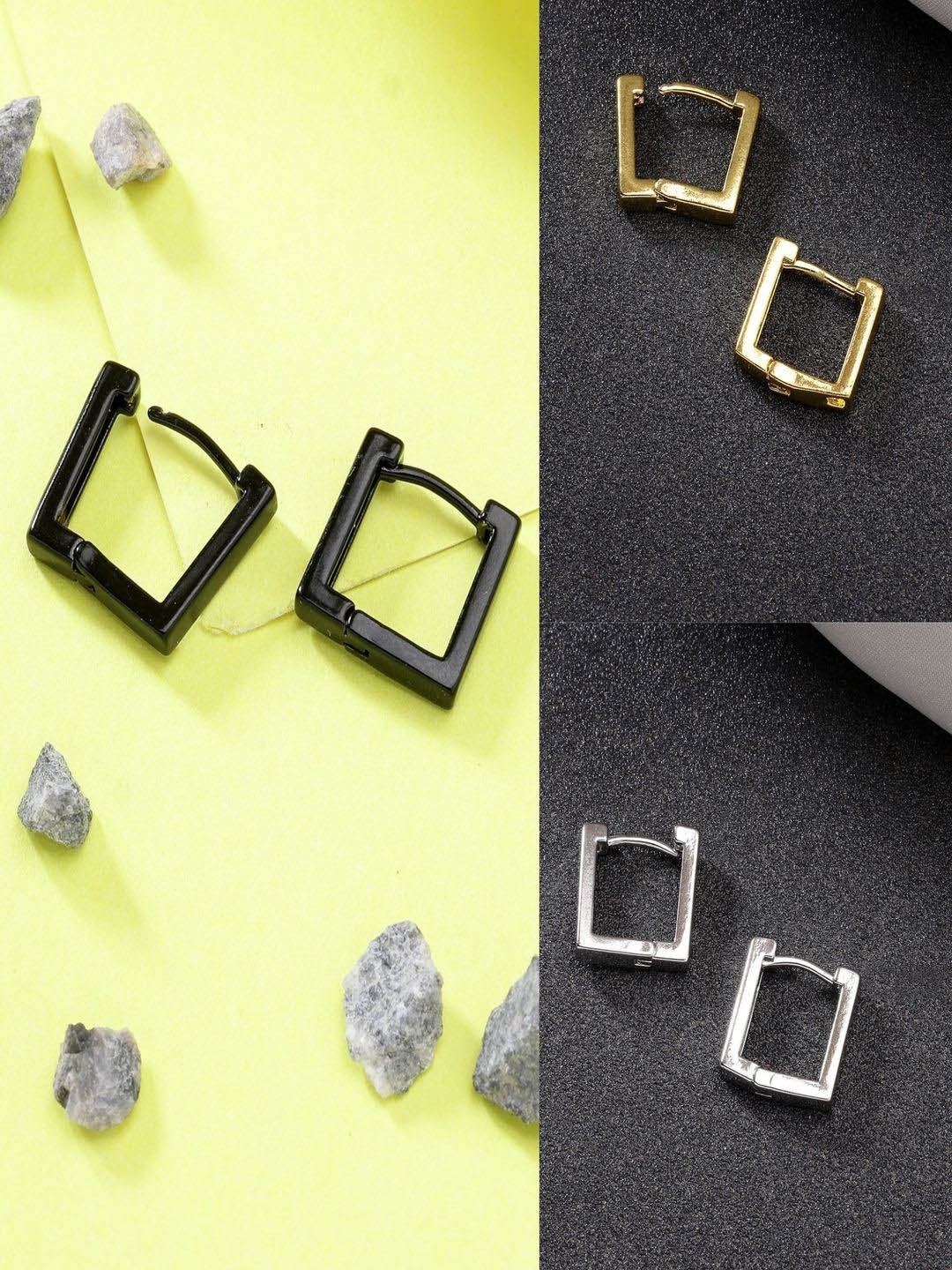 

NVR Set Of 3 Rhodium Plated Contemporary Hoop Earrings, Multi
