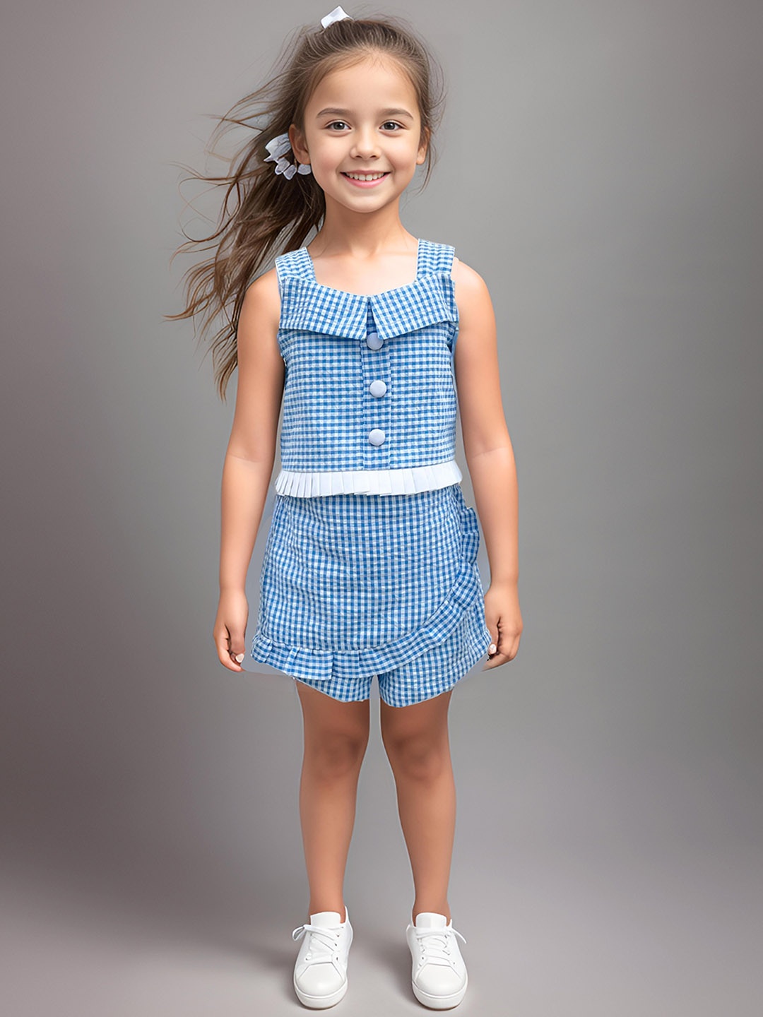 

Safehugs Girls Printed Pure Cotton Sleeveless Top With Skorts, Blue