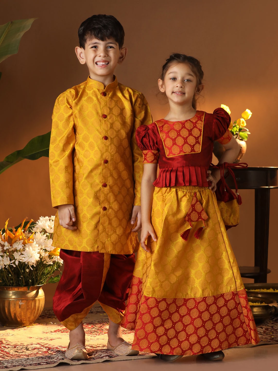 

VASTRAMAY Boys Ethnic Motifs Woven Design Mandarin Collar Straight Kurta With Dhoti Pants, Mustard