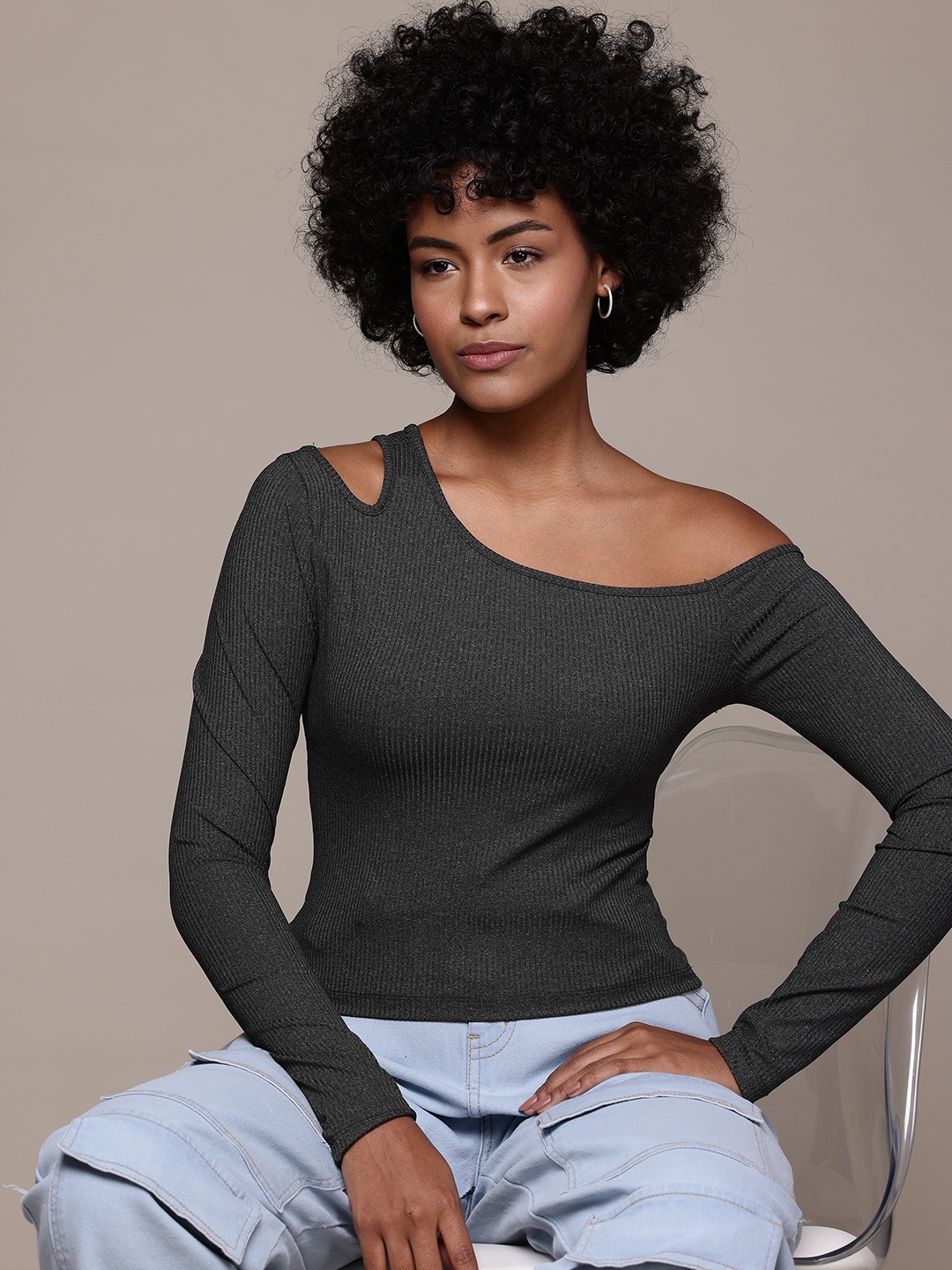 

Roadster The Lifestyle Co. One Shoulder Ribbed Fitted Top, Charcoal