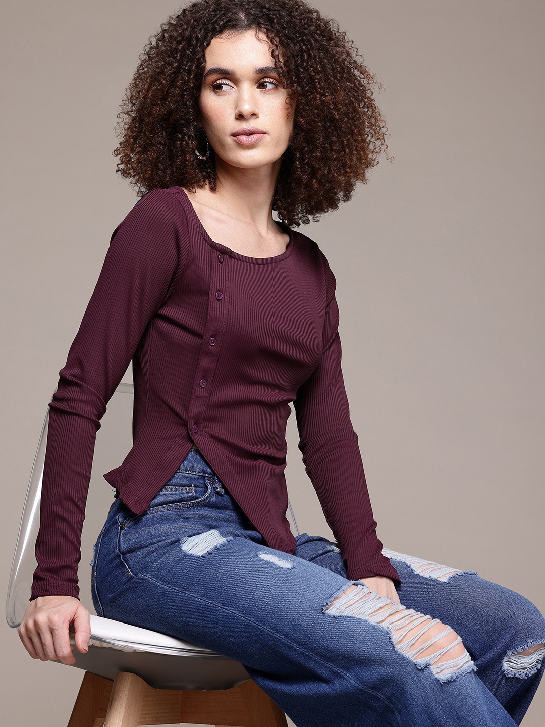 

The Roadster Lifestyle Co. Ribbed Asymmetric Closure Top, Burgundy