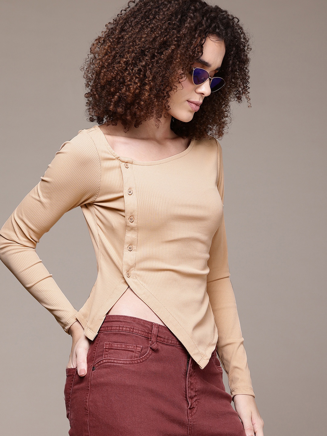

The Roadster Lifestyle Co. Ribbed Asymmetric Closure Top, Beige