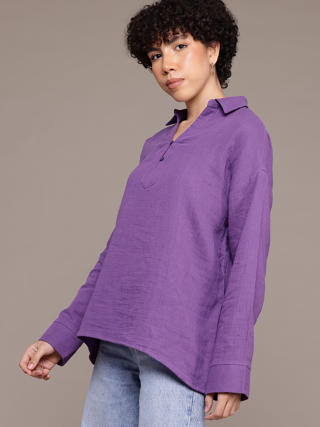 

The Roadster Lifestyle Co. Spread Collar Drop-Shoulder Casual Shirt, Purple