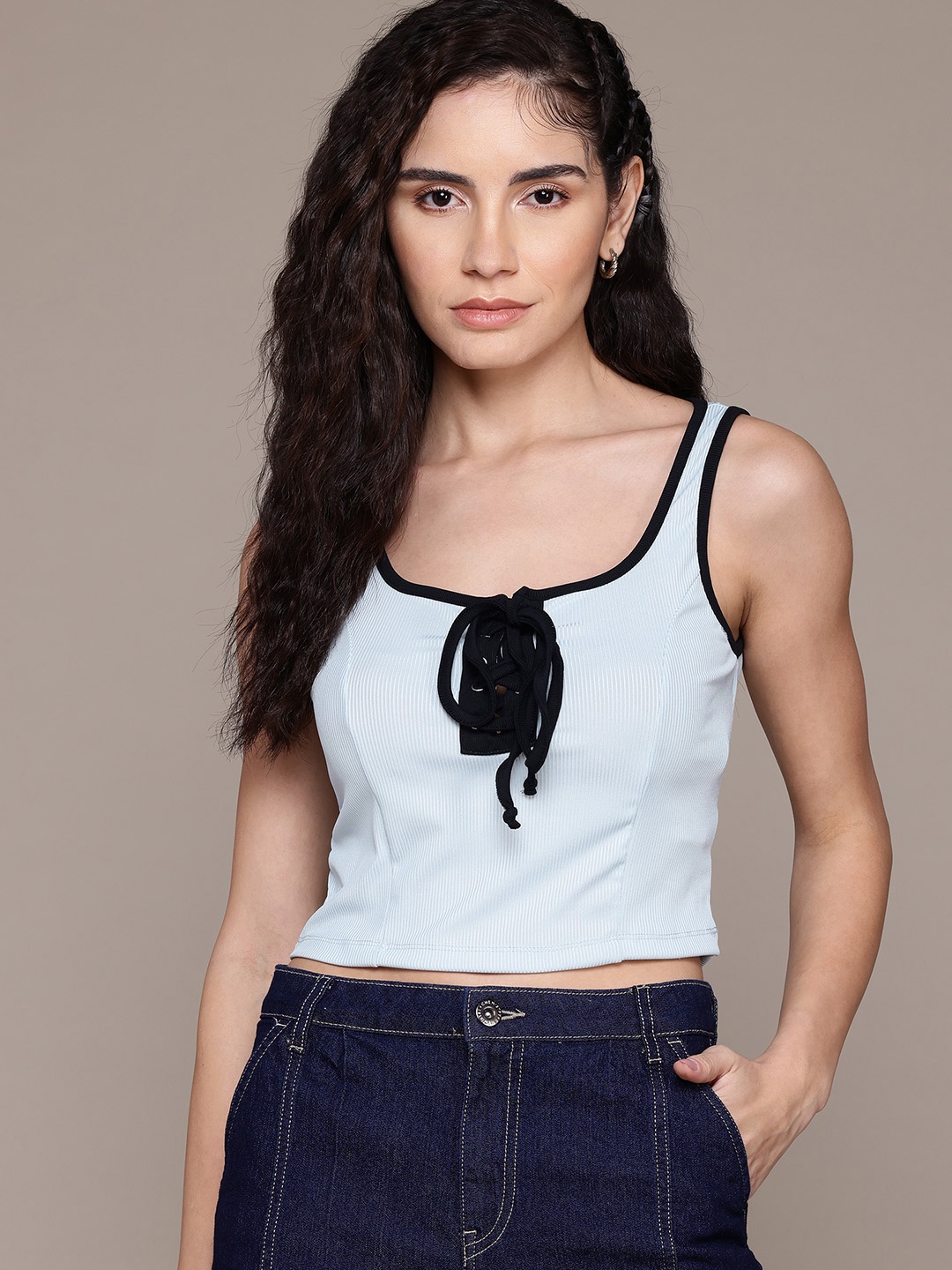 

The Roadster Lifestyle Co. Lace-Up Detail Ribbed Top, Blue