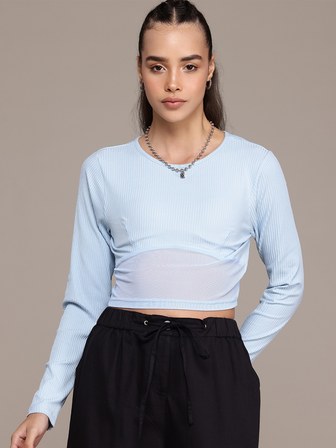 

The Roadster Lifestyle Co. Self-Striped Ruched Crop Top, Blue