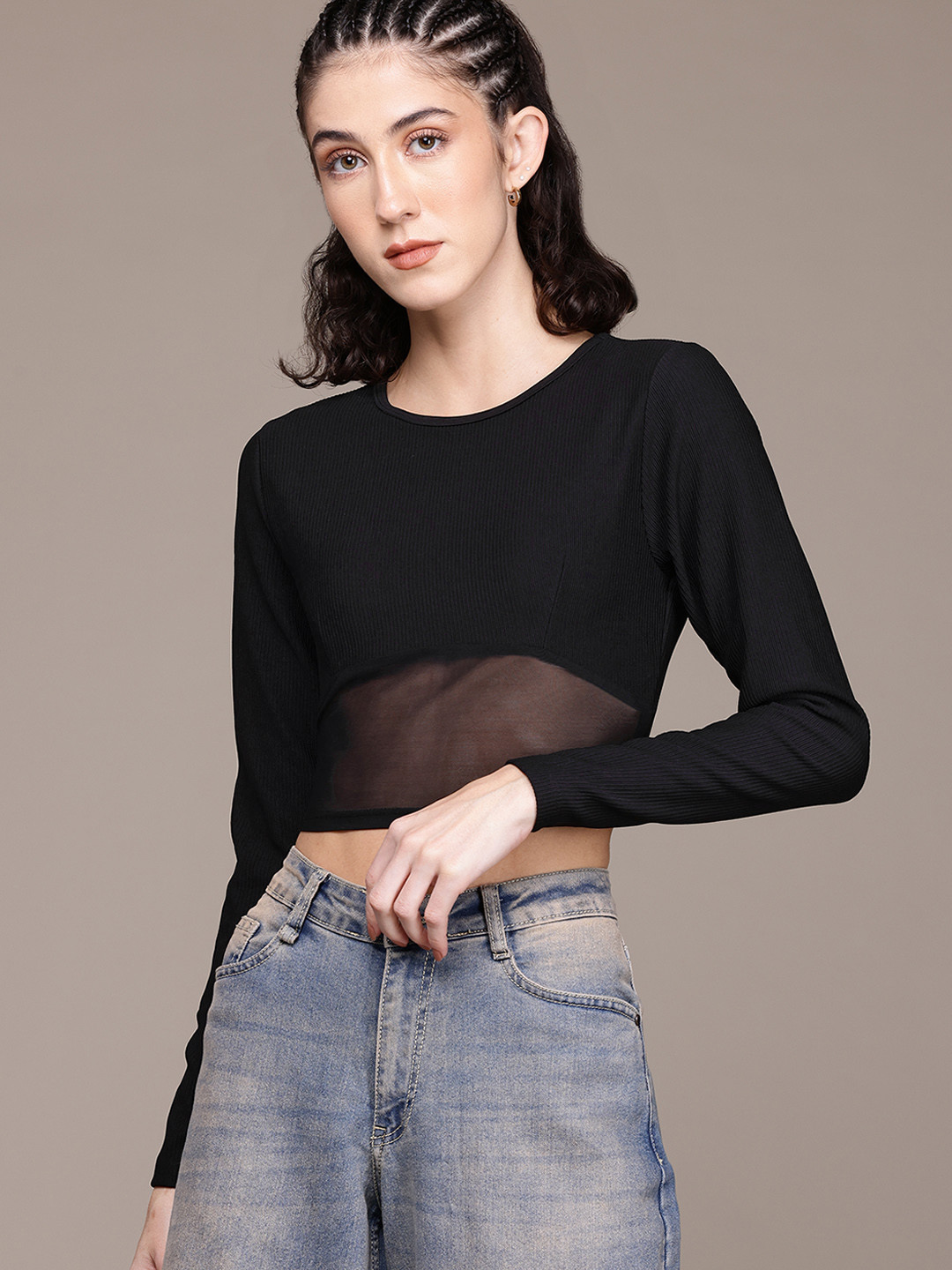 

The Roadster Lifestyle Co. Self-Striped Semi-Sheer Crop Top, Black