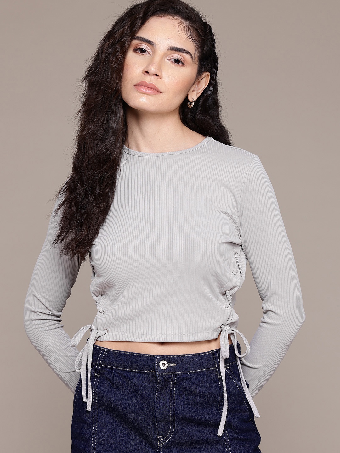 

The Roadster Lifestyle Co. Lace-Up Detail Ribbed Top, Grey