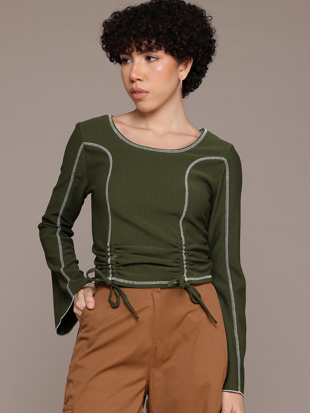 

The Roadster Lifestyle Co. Ruched Ribbed Bell Sleeve Top, Olive