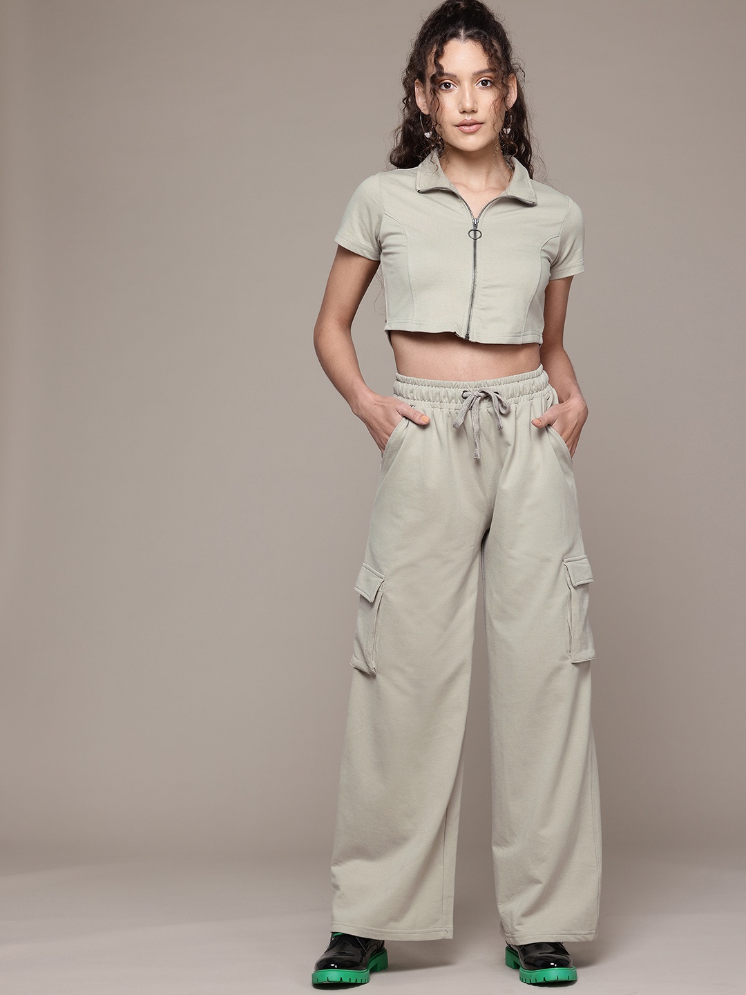 

The Roadster Lifestyle Co. Solid Crop Top with Cargos Co-Ord Set, Beige