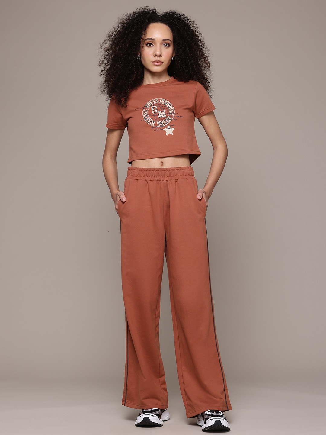 

The Roadster Lifestyle Co. Typography Printed Crop top with Trousers Co-Ords, Rust