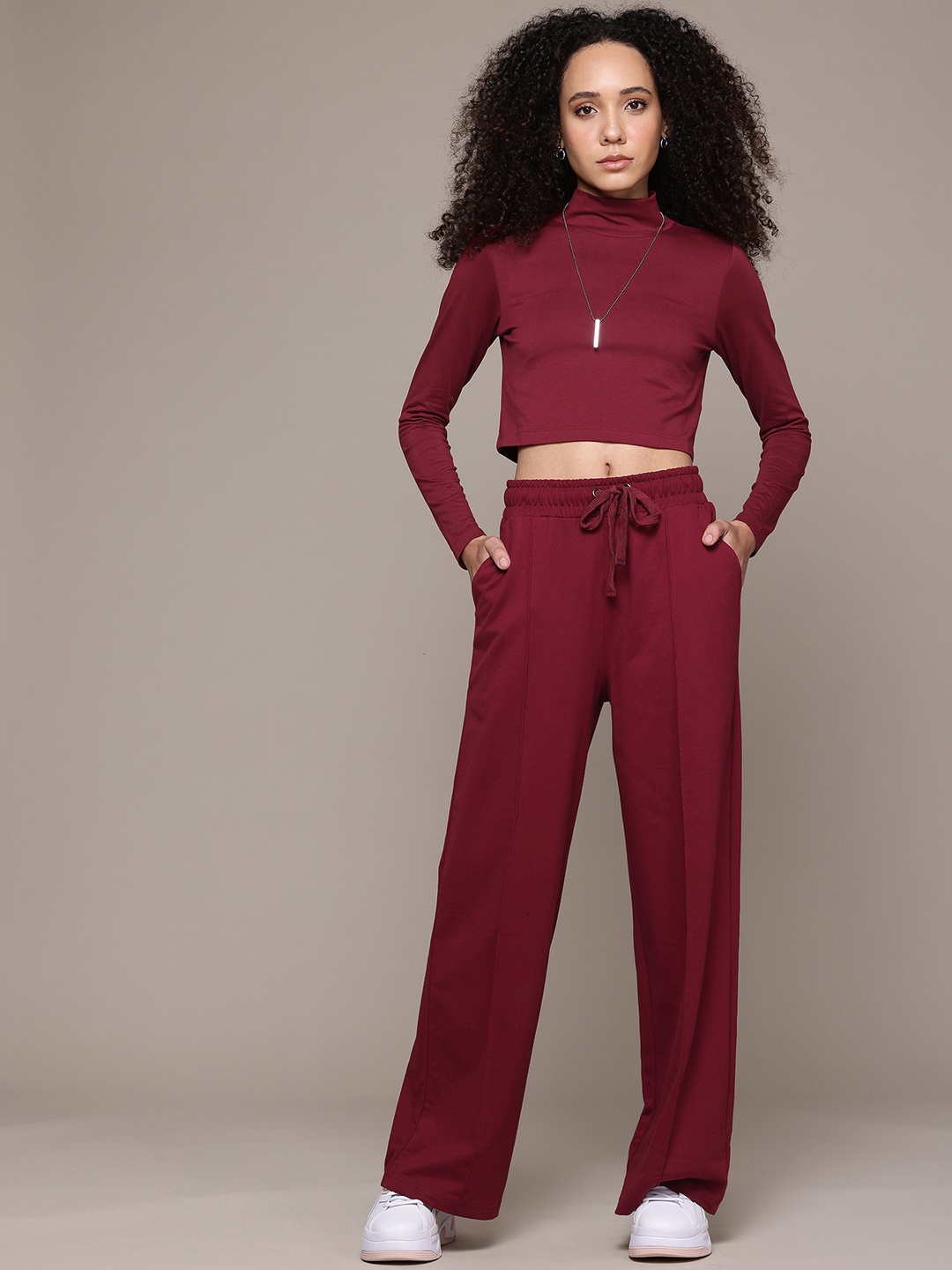 

The Roadster Lifestyle Co. Solid High Neck Top with Trousers Co-Ord Set, Maroon