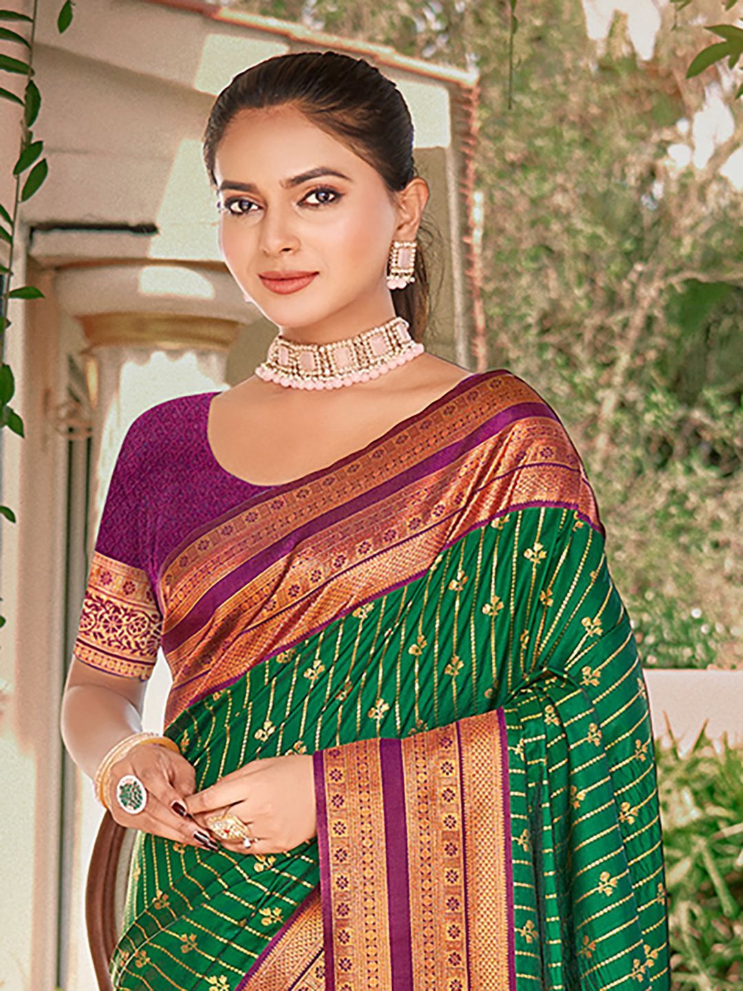 

Ishin Zari Woven Striped Tassel Saree with Blouse, Green