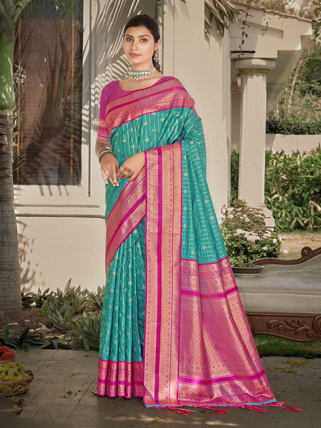 

Ishin Zari Woven Striped Tassel Saree with Blouse, Blue