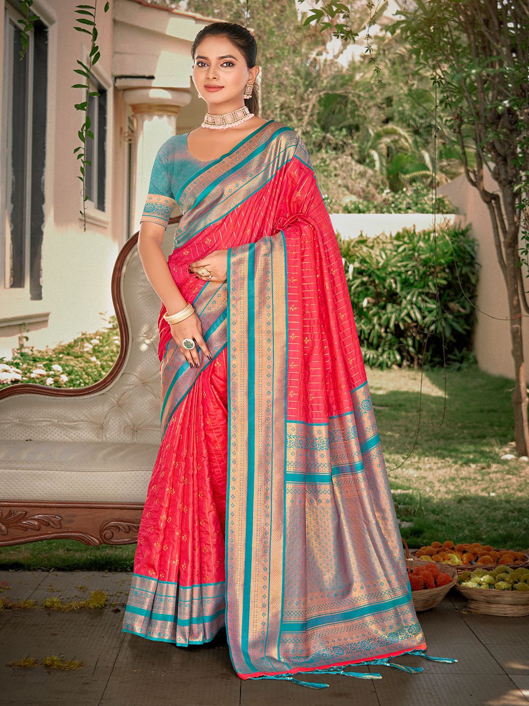 

Ishin Zari Woven Striped Tassel Saree with Blouse, Red